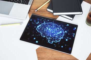 Aufkleber - Top view of modern digital tablet monitor with creative artificial Intelligence symbol. Neural networks and machine learning concept. 3D Rendering