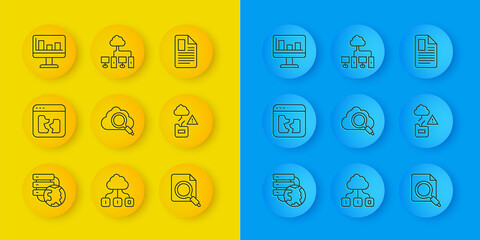 Poster - Set line Network cloud connection, Broken file, Search computing, concept with folder, Cloud technology data transfer, Monitor graph chart, File document and Computer network icon. Vector