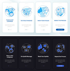 Eye hygiene white, black onboarding mobile app page screen. Preparation walkthrough 4 steps graphic instructions with concepts. UI, UX, GUI vector template with linear night and day mode illustrations