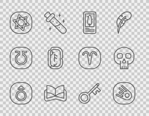 Wall Mural - Set line Mars, Comet falling down fast, Tarot cards, Ancient magic book, Magic runes, Old key and Skull icon. Vector