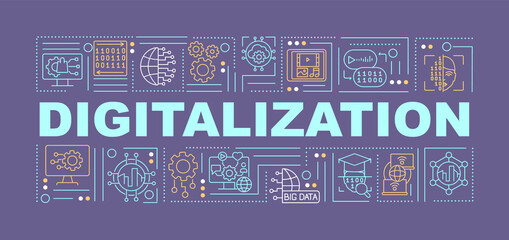 Wall Mural - Digitalization word concepts banner. Public services technology. Infographics with linear icons on purple background. Isolated creative typography. Vector outline color illustration with text