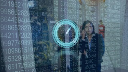 Poster - Animation of moving clock and data processing over caucasian woman in server room