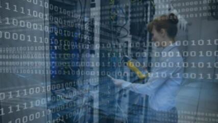 Poster - Animation of purple lines and binary coding over caucasian woman in server room