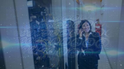 Poster - Animation of data processing over caucasian woman in server room