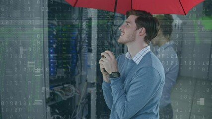 Poster - Animation of binary coding and caucasian businessman holding umbrella over server room
