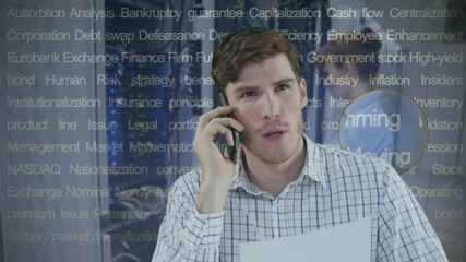 Poster - Animation of text and caucasian businessman talking on smartphone over server room