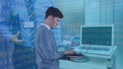 Poster - Animation of binary coding and caucasian businessman using laptop over server room