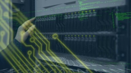 Poster - Animation of data processing over hand of caucasian woman in server room