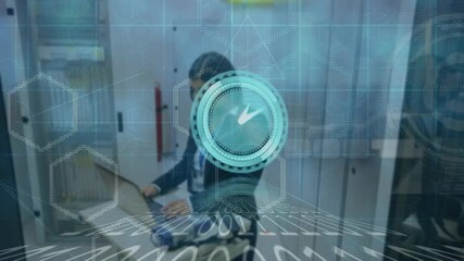 Poster - Animation of moving clock and binary coding over caucasian woman in server room