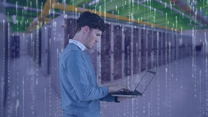 Poster - Animation of binary coding and caucasian businessman using tablet over server room