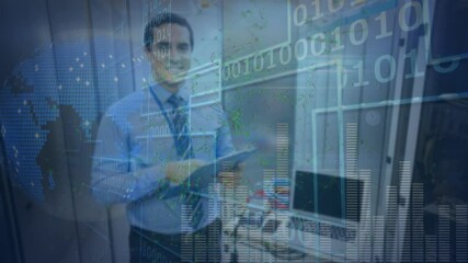 Poster - Animation of globe and moving columns over biracial man in server room