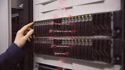 Poster - Animation of dna strand spinning over woman's hand by computer server in tech room