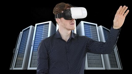 Poster - Animation of clock moving fast over businessman wearing vr headset by computer servers