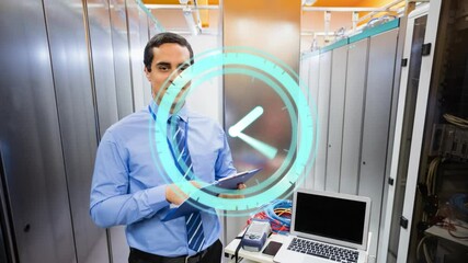 Poster - Animation of moving clock over biracial man in server room