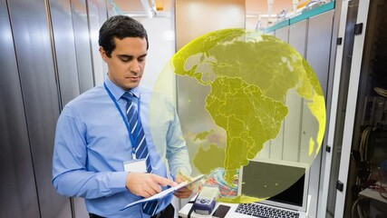 Poster - Animation of globe over biracial man in server room