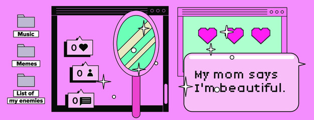 Aufkleber - Retrowave user interface, retro operating system with message boxes and folders. Cute vaporwave vector illustration.