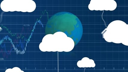 Poster - Animation of clouds with icons over globe and financial data processing