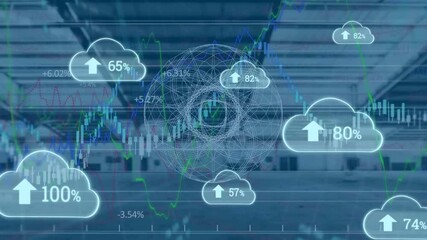 Poster - Animation of clouds with growing number and financial data processing over empty office