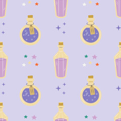 Wall Mural - Seamless pattern with alchemy magic potions. Glass bottles with mystic elixir background. Witch shop jars with colorful liquid vector for print, textile, wrapping paper, design