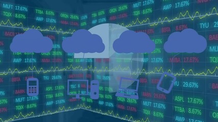 Poster - Animation of clouds with media icons and data processing on blue background