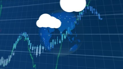 Poster - Animation of clouds with media icons and data processing with globe on blue background