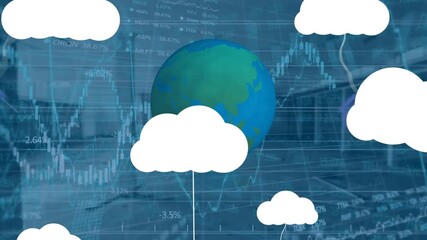 Poster - Animation of clouds with icons, globe and financial data processing over empty office