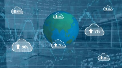 Poster - Animation of clouds with growing number, globe and stock market over empty office