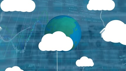 Poster - Animation of clouds with media icons and data processing with globe on blue background