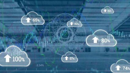 Poster - Animation of clouds with growing number and financial data processing over empty office