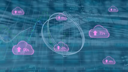 Poster - Animation of clouds with growing number and financial data processing over empty office