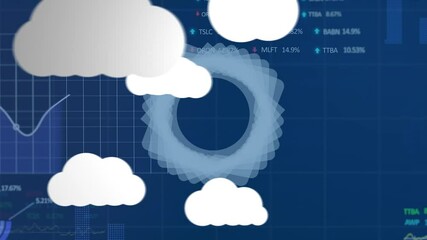 Poster - Animation of clouds with media icons and data processing on blue background