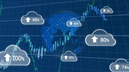 Poster - Animation of clouds with percentage and data processing with globe on blue background