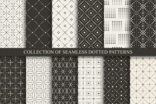 Collection Of Vector Seamless Dotted Patterns - Beige And Brown Colors. Minimalistic Stylish Prints. Trendy Elegant Geometric Ornamental Backgrounds