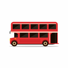 Red London Bus Isolated On White Background. English UK British Bus In Flat Style. Vector Stock