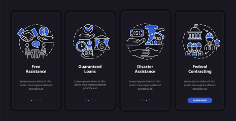 Government supporting business onboarding mobile app page screen. Startup walkthrough 4 steps graphic instructions with concepts. UI, UX, GUI vector template with linear night mode illustrations