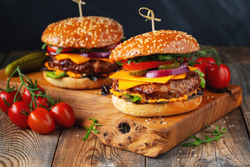 Two delicious homemade burgers of beef, cheese and vegetables on an old wooden table. Fat unhealthy food close-up