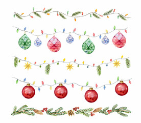 Wall Mural - watercolor vector christmas set colorful garland with balls, lights and fir branches.