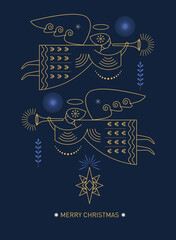 Christmas card. Flying Christmas angels and xmas star. Vector illustration in minimal geometric style
