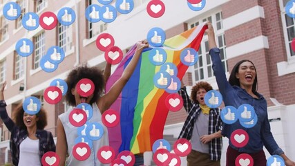 Poster - Animation of media icons over happy diverse people during lgbt protest