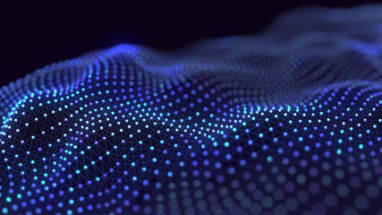 Wall Mural - Abstract wave with moving dots. Network connection structure. Background with connecting dots and lines on a dark background. 3D rendering.