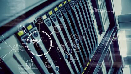 Poster - Animation of data processing and media icons over server room