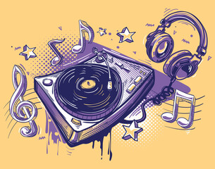 Wall Mural - Hand drawn music design graffiti - musical notes, turntable and headphones