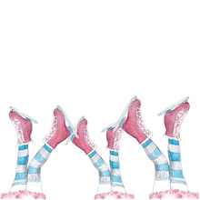 Watercolor Illustration Legs In Striped Socks And Pink Skates,on A White Background For A Card Or Invitation