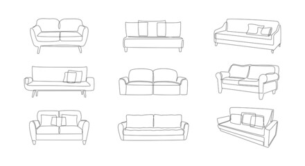 Poster - Modern comfy furniture and home interior decorations of trendy loft style outline contour lines. Collection of sofas and couches simple linear silhouette. Doodle vector illustration