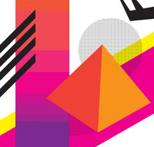 Memphis Like Style Featuring A Pyramid Shape On Pink, Oranges, And Purple