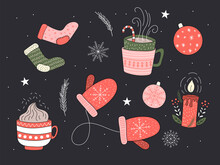 Cozy Christmas Hand Drawn Vector Elements. Winter  Items For Scrapbook, Social Media, Web, Greeting Cards. Seasonal Design 
