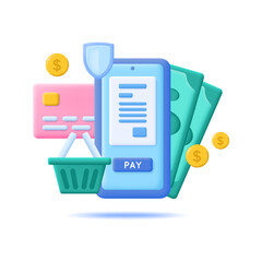 Sticker - 3d Concept Payment Processing Plasticine Cartoon Style Include of Money and Plastic Credit Card. Vector illustration