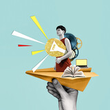 Fototapeta  - Woman with a light bulb in a paper airplane. Creativity and uniqueness in business and education. Art collage.