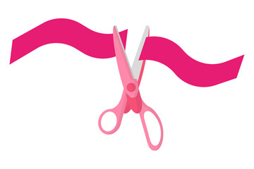 Wall Mural - Vector cartoon pink scissors with cut ribbon.