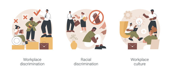 Wall Mural - Workplace culture abstract concept vector illustration set. Workplace and racial discrimination, equal employment opportunity, shared values, sexual harassment, prejudice and bias abstract metaphor.